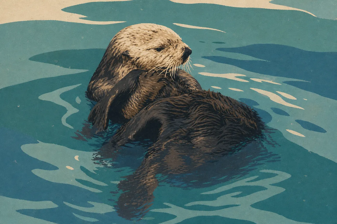 Illustration sérigraphiée : Une loutre de mer flotte sur le dos dans Resurrection Bay, les pattes posées sur sa poitrine.