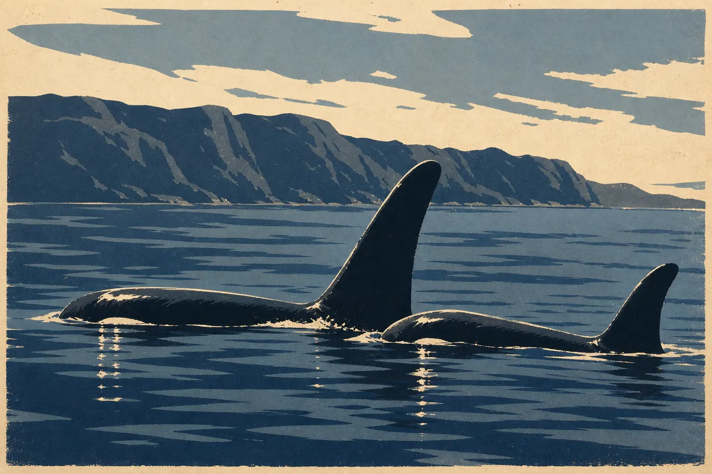 Illustration sérigraphiée : Une orque fend les eaux sombres des fjords, sa haute nageoire se détachant devant la côte rocheuse.