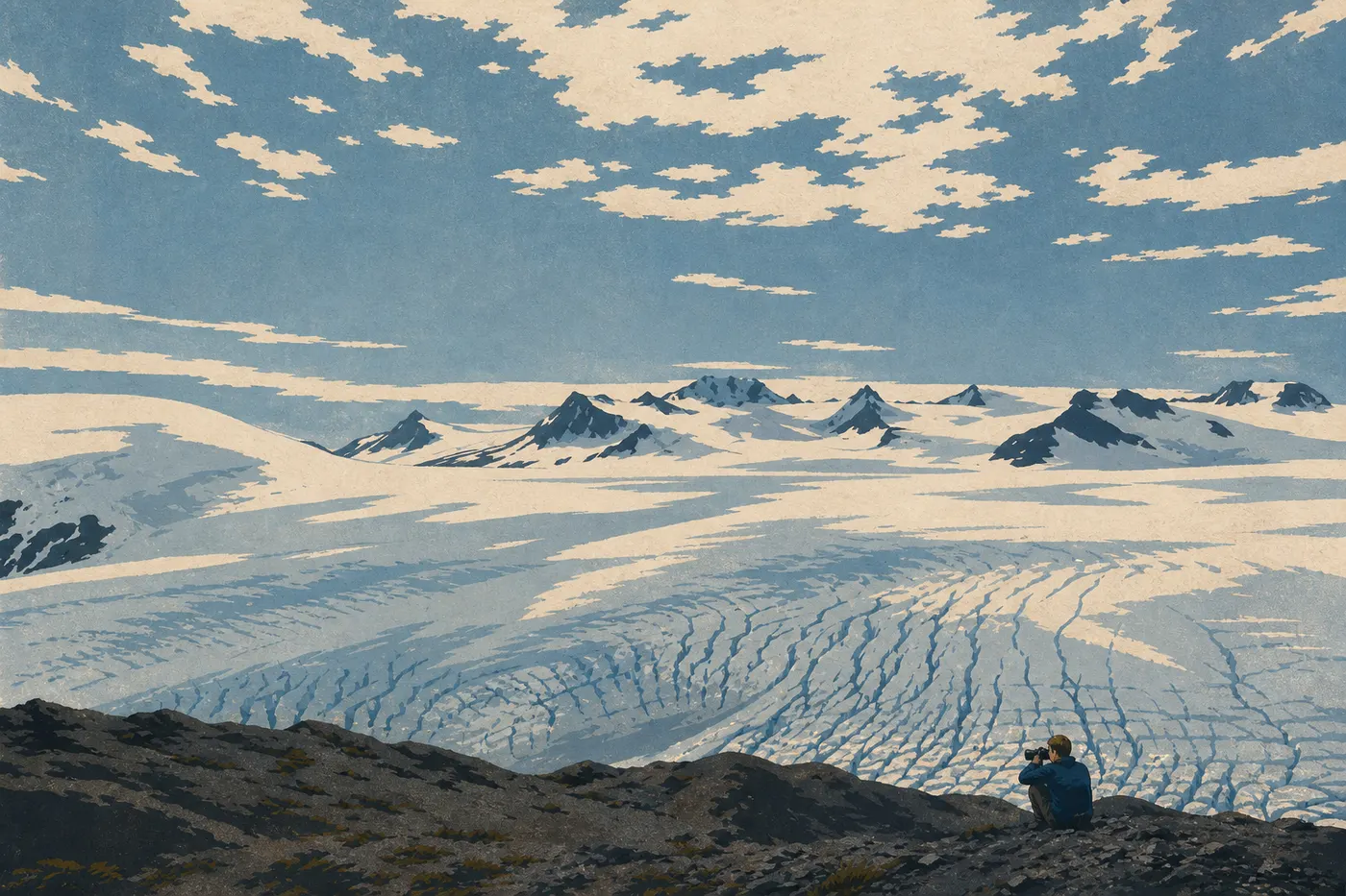Illustration sérigraphiée : Un photographe cadre l’immensité blanche du Harding Icefield depuis le belvédère supérieur du sentier.