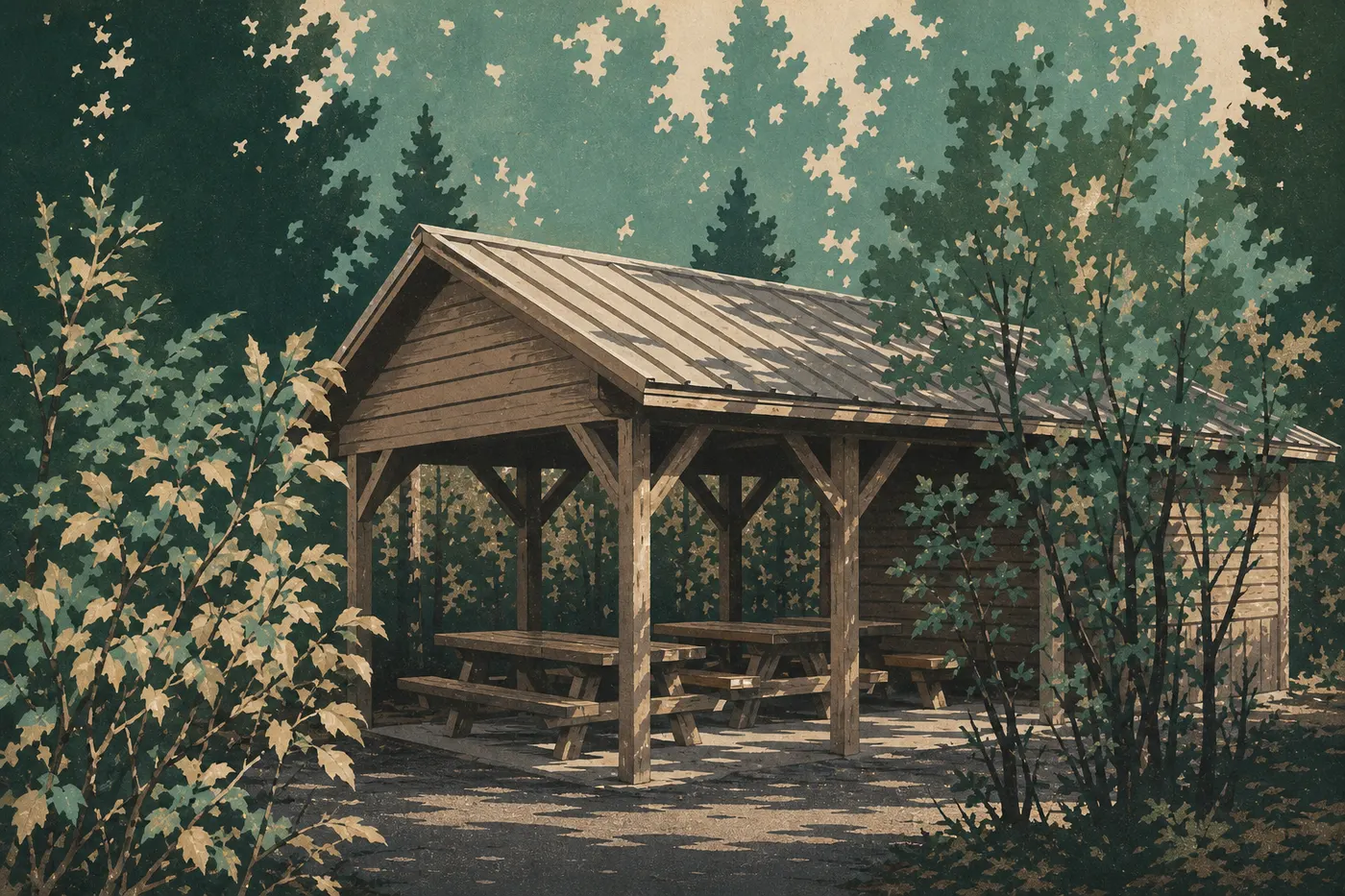 Illustration sérigraphiée : Les tables de pique-nique près du parking d’Exit Glacier offrent une halte face à la vallée glaciaire.