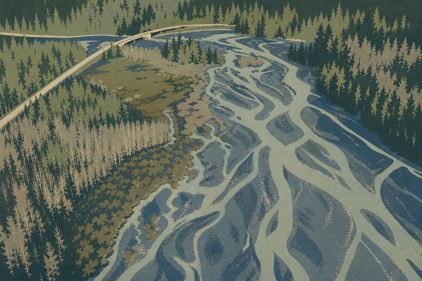 Illustration sérigraphiée : La route d’accès franchit le Resurrection River Bridge avant de pénétrer dans le secteur d’Exit Glacier.