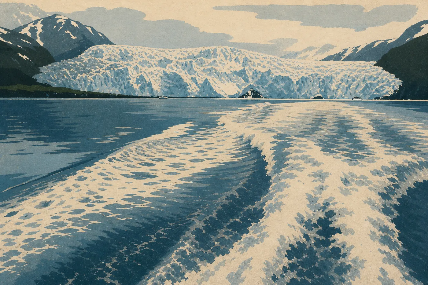 Illustration sérigraphiée : Resurrection Bay au printemps mêle eau sombre, sommets encore enneigés et premiers bateaux d’excursion.