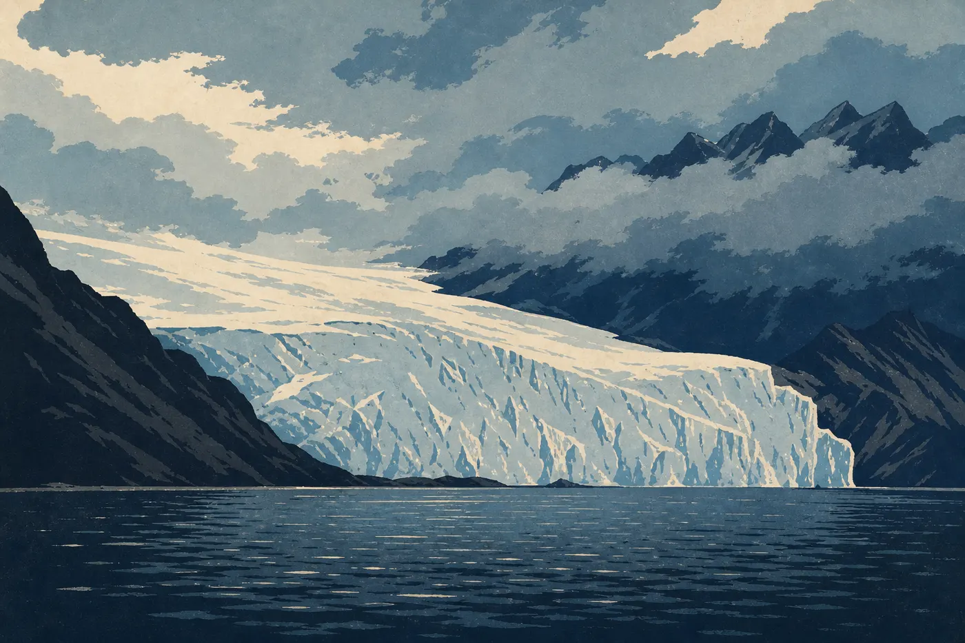 Illustration sérigraphiée : De lourds nuages de pluie enveloppent Aialik Bay tandis que le vent ride les eaux du fjord.