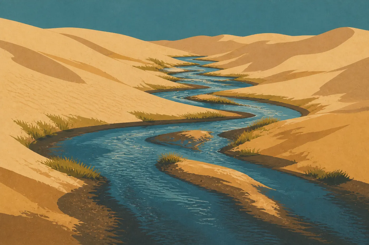 Illustration sérigraphiée : Les mares et méandres bleus d’Ahnewetut Creek contrastent avec le sable doré des Grandes Dunes de Kobuk.