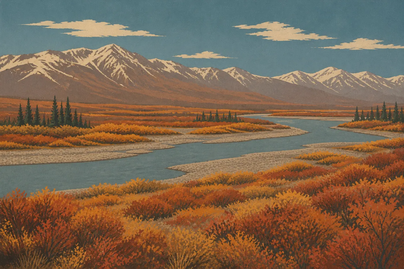 Illustration sérigraphiée : La toundra rouge et dorée encadre la rivière Kobuk sous les premières neiges des montagnes en automne.