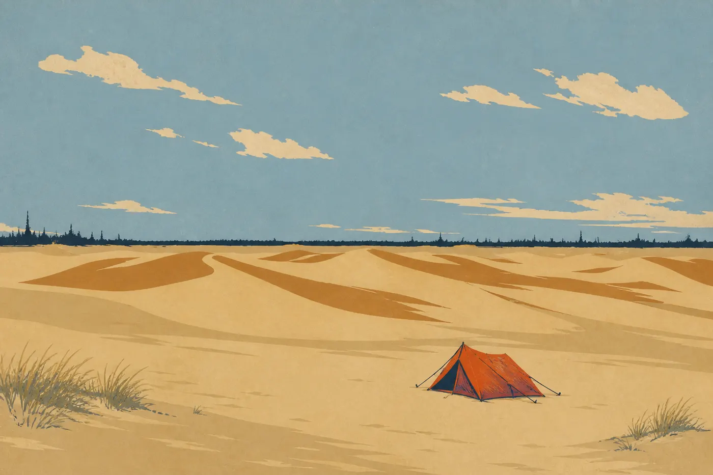 Illustration sérigraphiée : Une tente isolée se dresse sur une surface plane des Grandes Dunes de Kobuk sous un vaste ciel.