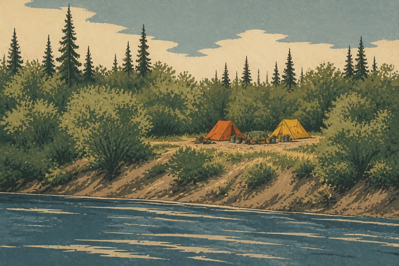 Illustration sérigraphiée : Un campement autonome occupe une terrasse naturelle de la rivière Kobuk, entourée de saules et d’épicéas.