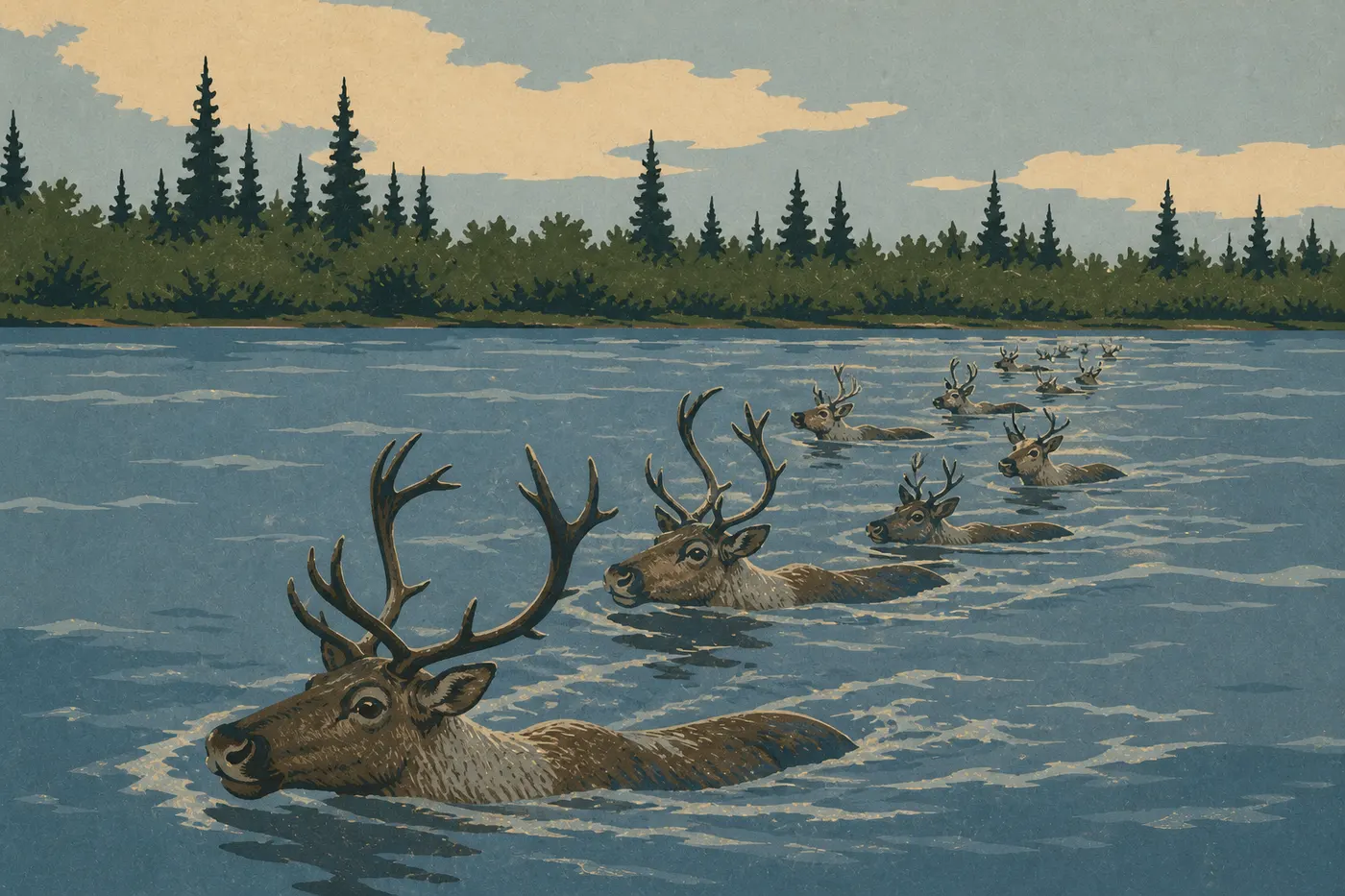 Illustration sérigraphiée : Des caribous de la Western Arctic Herd traversent à la nage les eaux larges de la rivière Kobuk.
