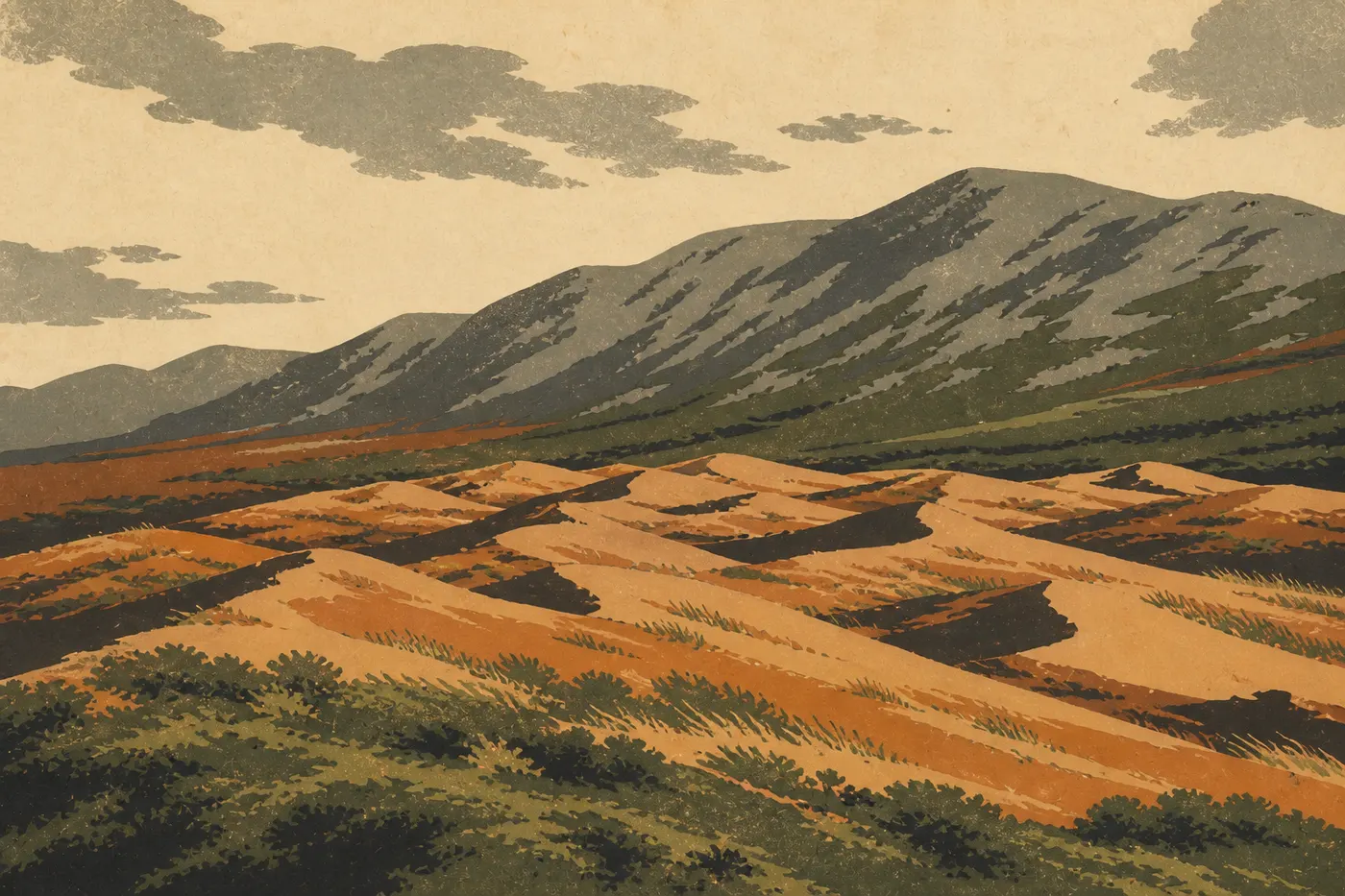 Ilustración serigrafiada: Las dunas de Hunt River despliegan sus crestas coloridas al pie de las montañas agrestes del sur.