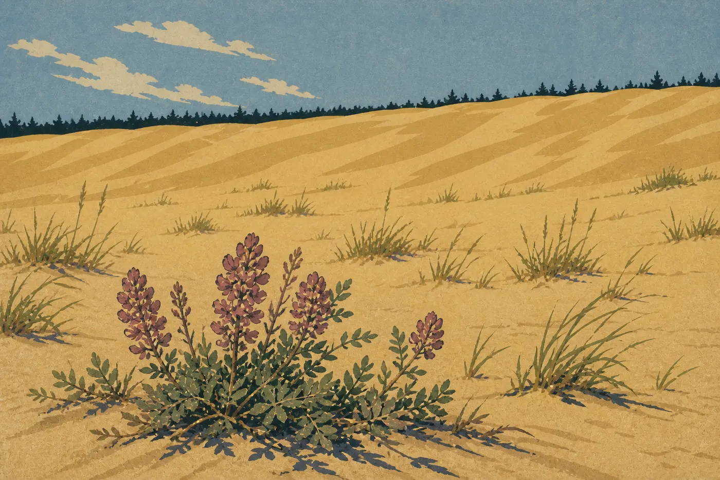Ilustración serigrafiada: En verano, las gramíneas y los astrágalos de Kobuk florecen en las laderas arenosas junto a las grandes dunas.