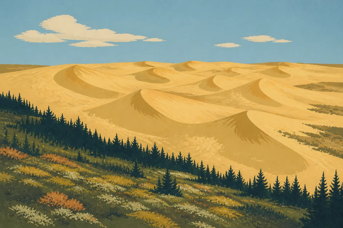 Illustration sérigraphiée : Les Grandes Dunes de Kobuk dorées surgissent entre la forêt d’épicéas noirs et la toundra arctique.