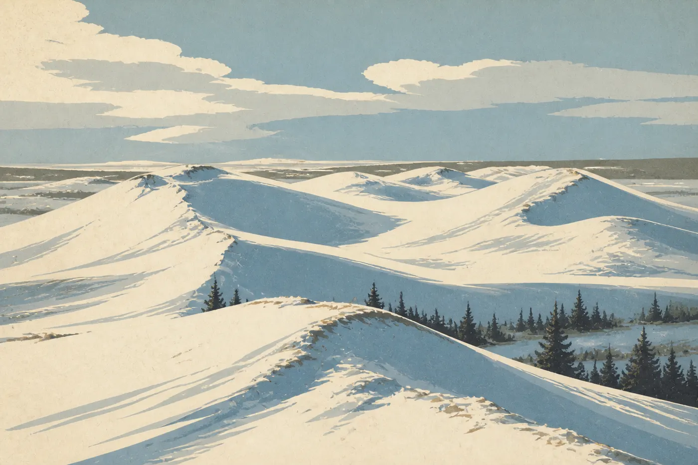 Ilustración serigrafiada: Las Great Kobuk Sand Dunes desaparecen bajo la nieve invernal, azotadas por un cielo ártico pálido.