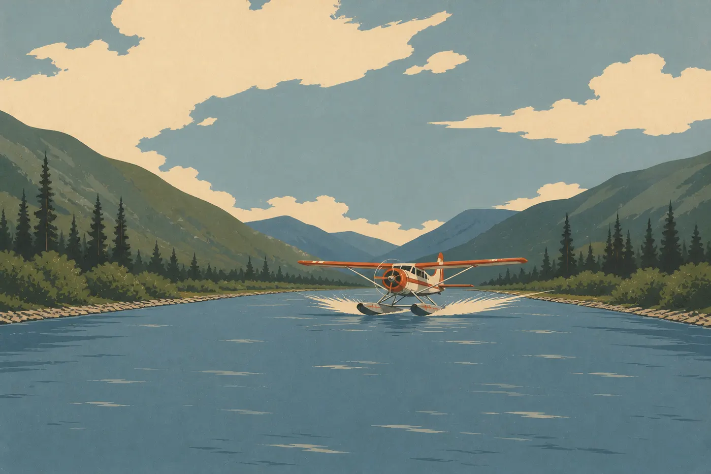 Illustration sérigraphiée : Un hydravion se pose sur la rivière Kobuk, unique porte d’entrée aérienne vers cette vallée sans route.