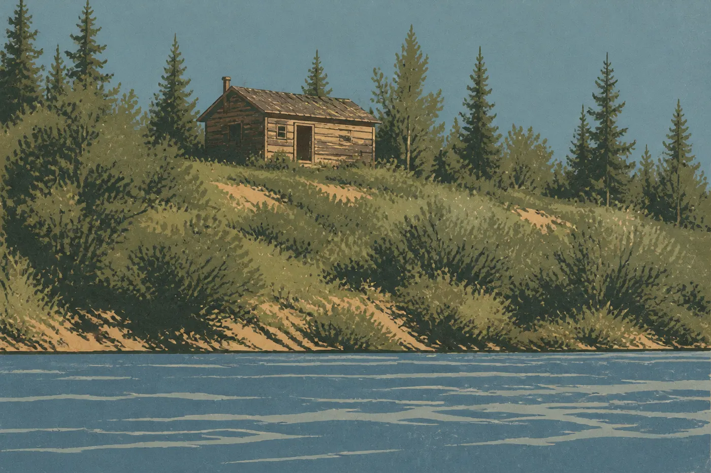Illustration sérigraphiée : La cabane historique de Giddings domine la berge boisée d’Onion Portage au bord de la rivière Kobuk.