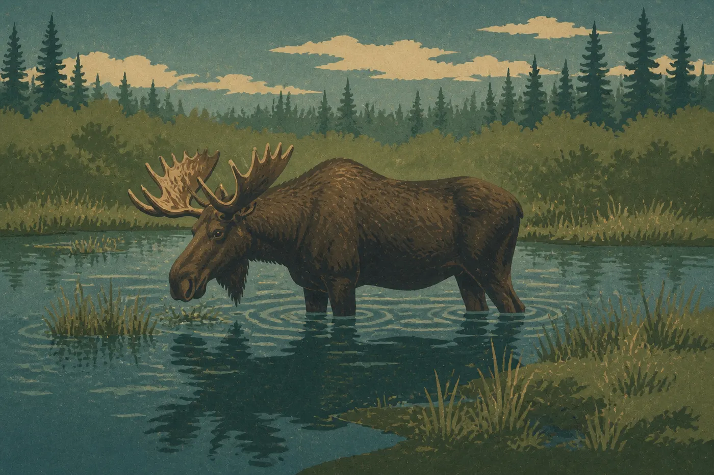 Illustration sérigraphiée : Un orignal debout dans un lac peu profond se détache au milieu des zones humides de Kobuk Valley.