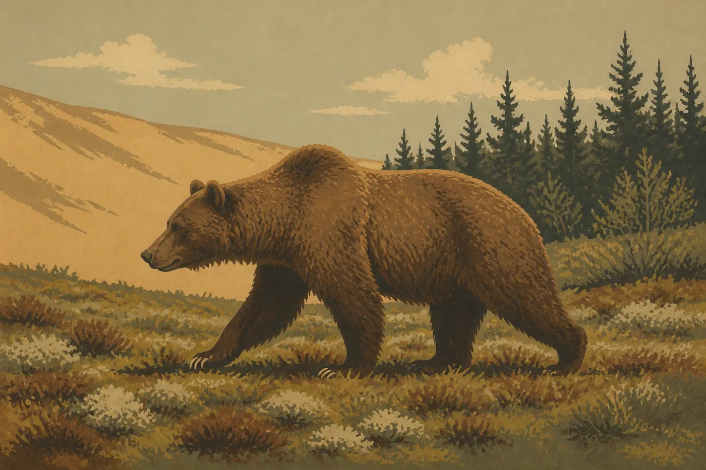 Ilustración serigrafiada: Un oso pardo cruza la tundra abierta al borde de las dunas y el bosque de Kobuk Valley.