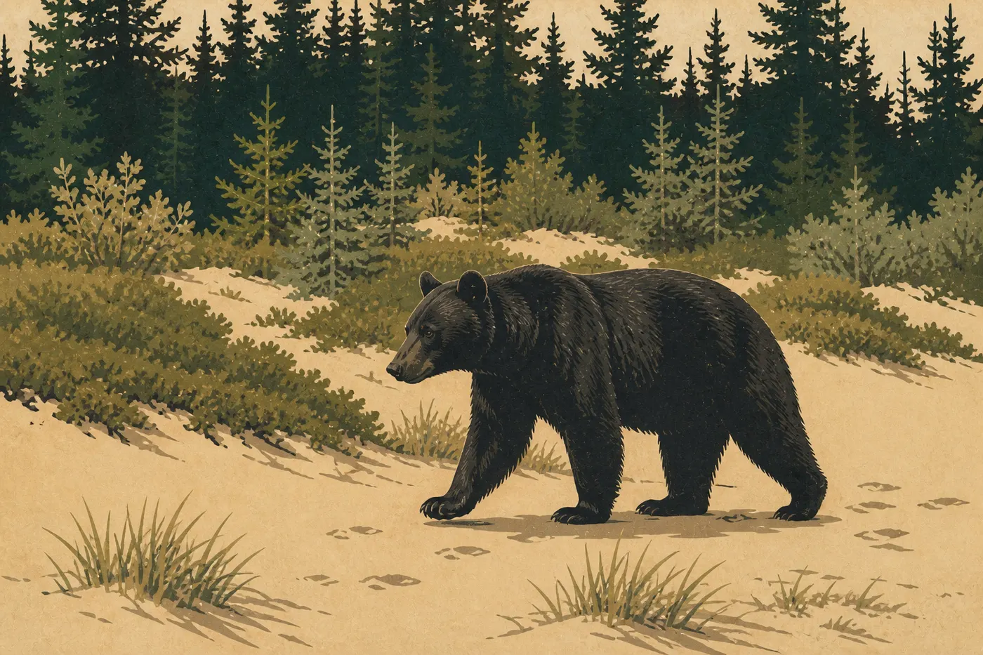 Illustration sérigraphiée : Un ours noir longe la forêt d’épicéas qui gagne progressivement la bordure des dunes de Kobuk.