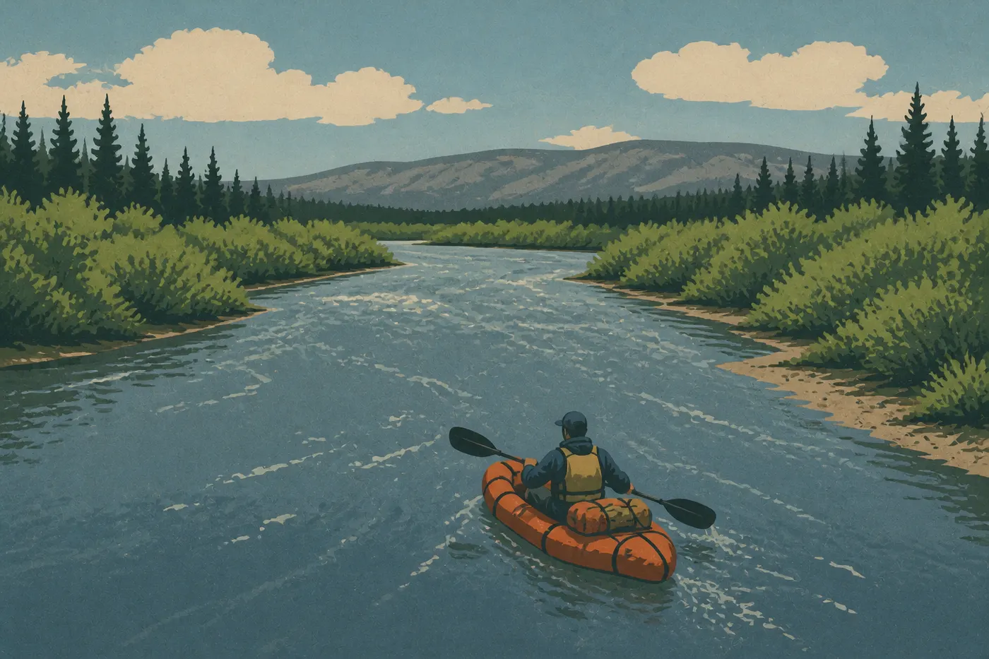 Illustration sérigraphiée : Un packraft descend la rivière Kobuk entre berges de saules, forêt boréale et reliefs arctiques isolés.