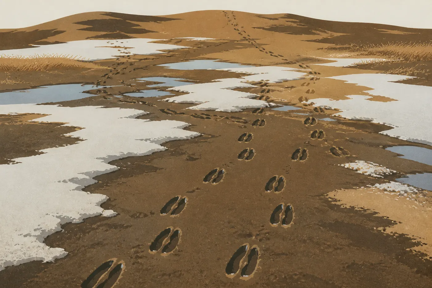 Ilustración serigrafiada: En primavera, las huellas de los caribúes surcan la arena húmeda y las placas de nieve de las dunas.