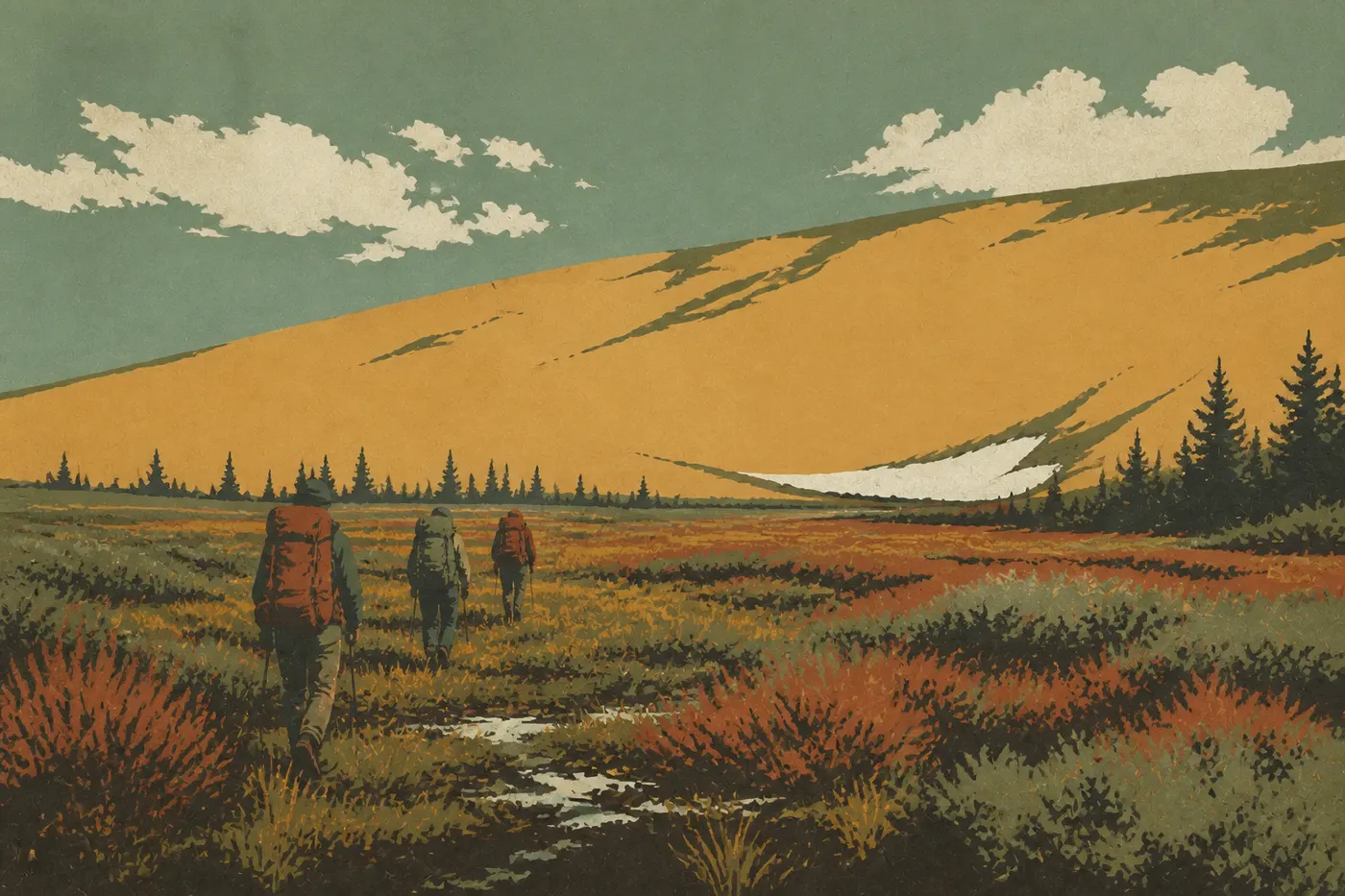 Illustration sérigraphiée : Trois visiteurs marchent depuis la rivière Kobuk vers les grandes dunes, devant une plaque de neige persistante.