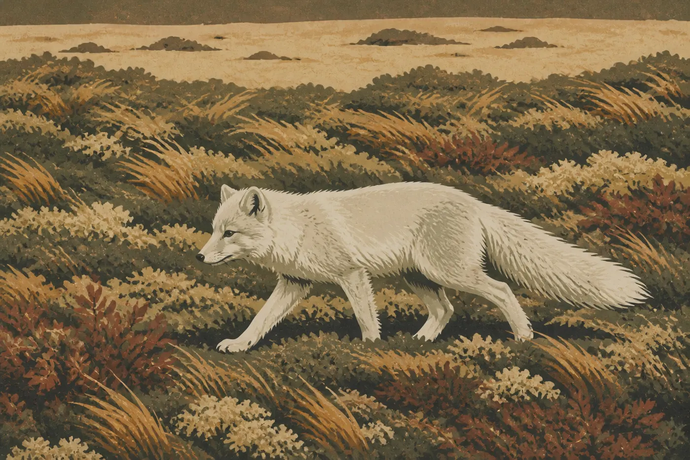 Illustration sérigraphiée : Un renard arctique au pelage clair parcourt la toundra basse et venteuse de la vallée de Kobuk.