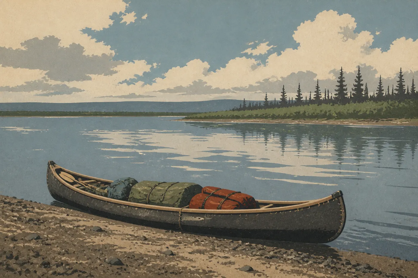 Illustration sérigraphiée : Un canoë chargé repose sur la rive de la rivière Kobuk, dont l’eau reflète les nuages.