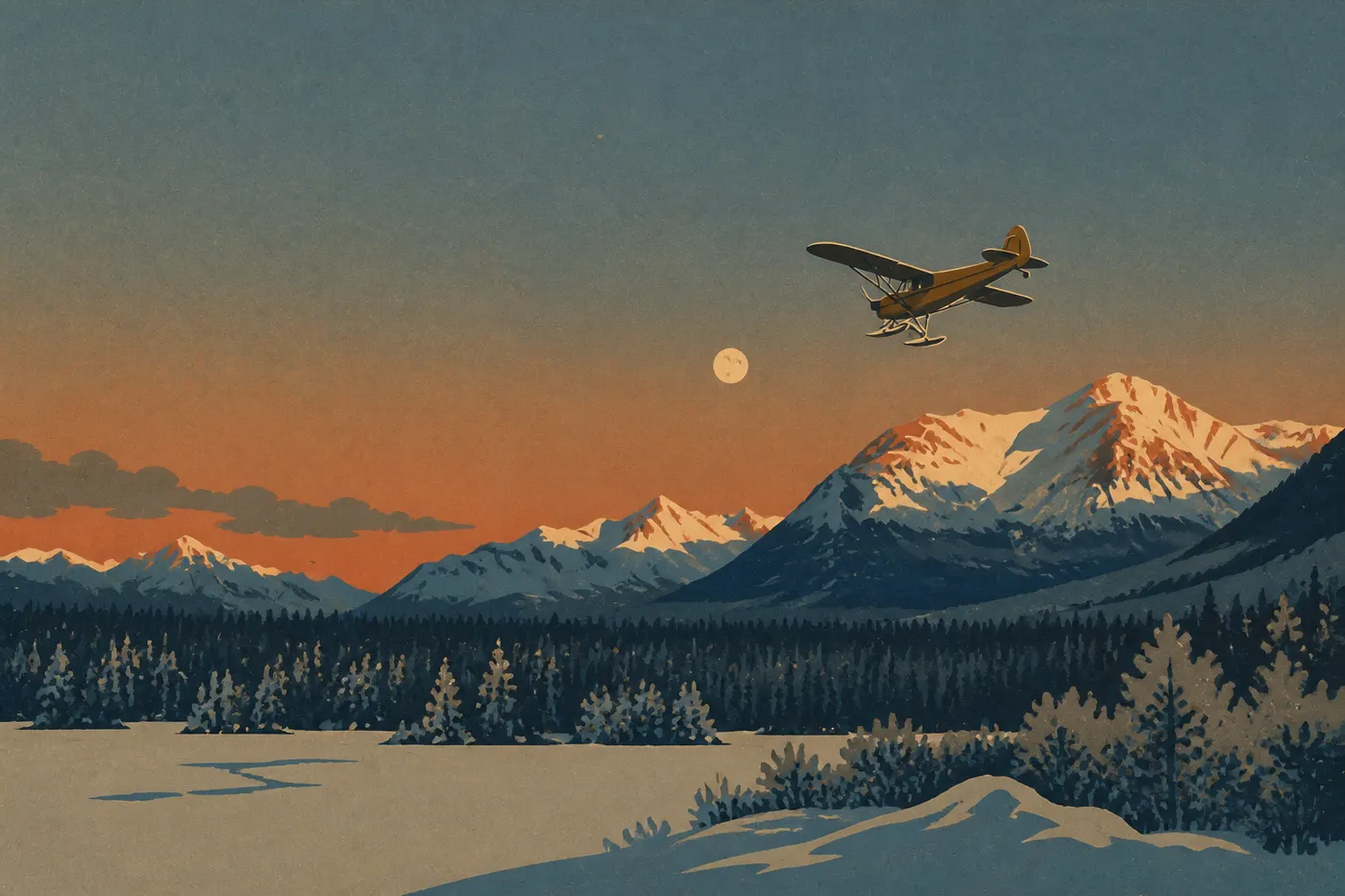 Illustration sérigraphiée : Un petit avion traverse Lake Clark Pass entre glaciers, parois abruptes et nuages bas.