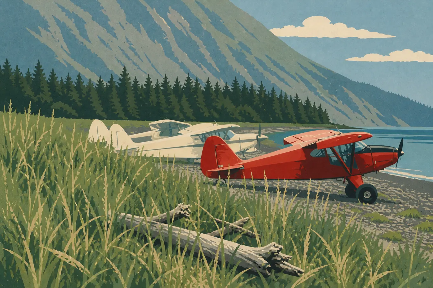 Illustration sérigraphiée : Un avion de brousse à roues stationne sur la plage de Chinitna Bay, seul accès terrestre improvisé.