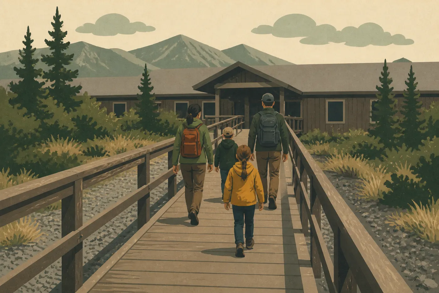 Illustration sérigraphiée : Une famille emprunte la rampe en bois accessible menant au centre des visiteurs de Port Alsworth.