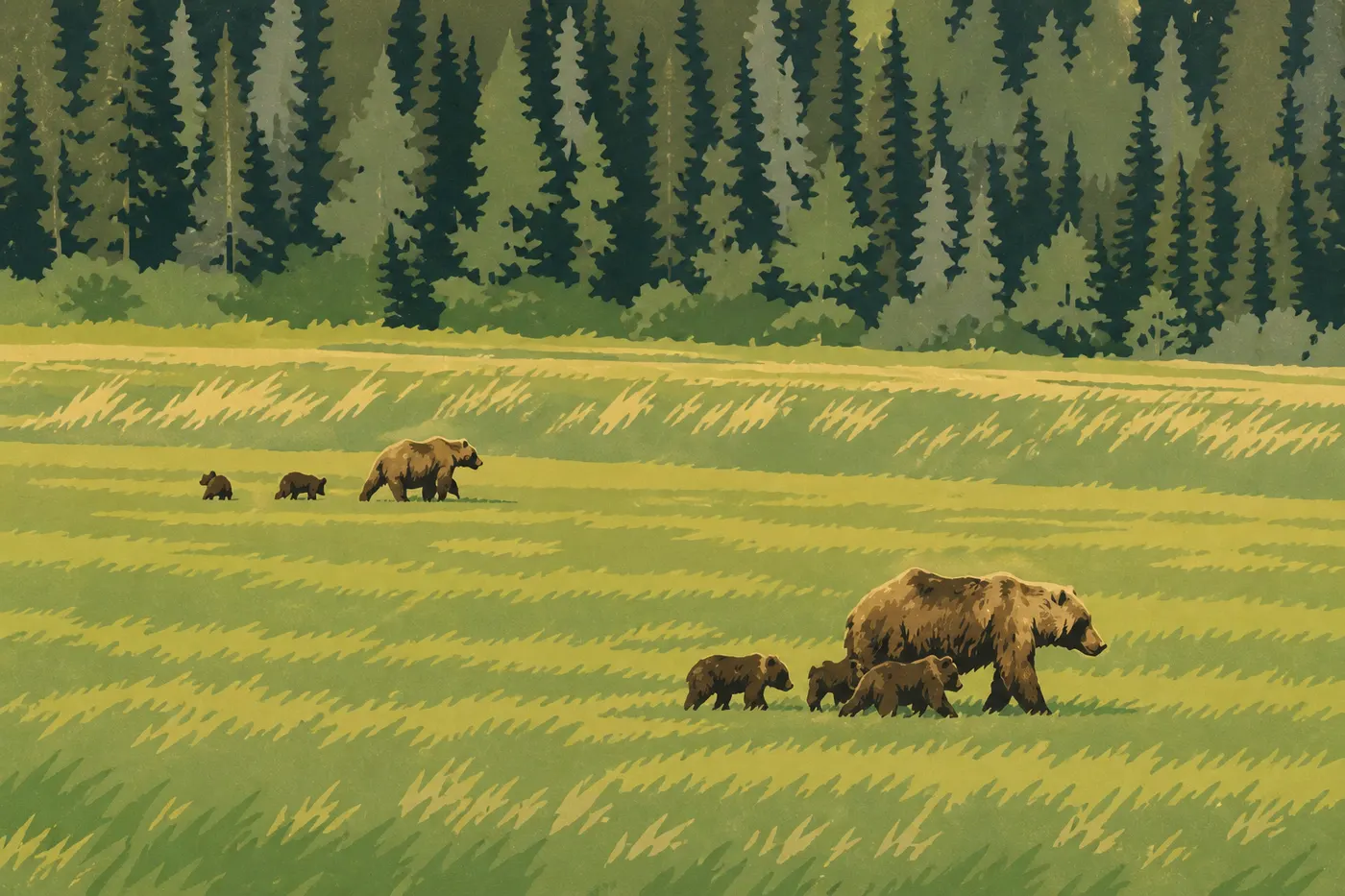 Illustration sérigraphiée : Plusieurs ours bruns pâturent dans les prés verts de Chinitna Bay pendant la haute saison estivale.