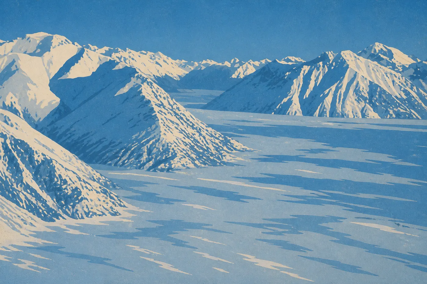 Illustration sérigraphiée : Le lac Clark entièrement gelé s’étend sous des montagnes blanches dans la lumière basse de l’hiver.
