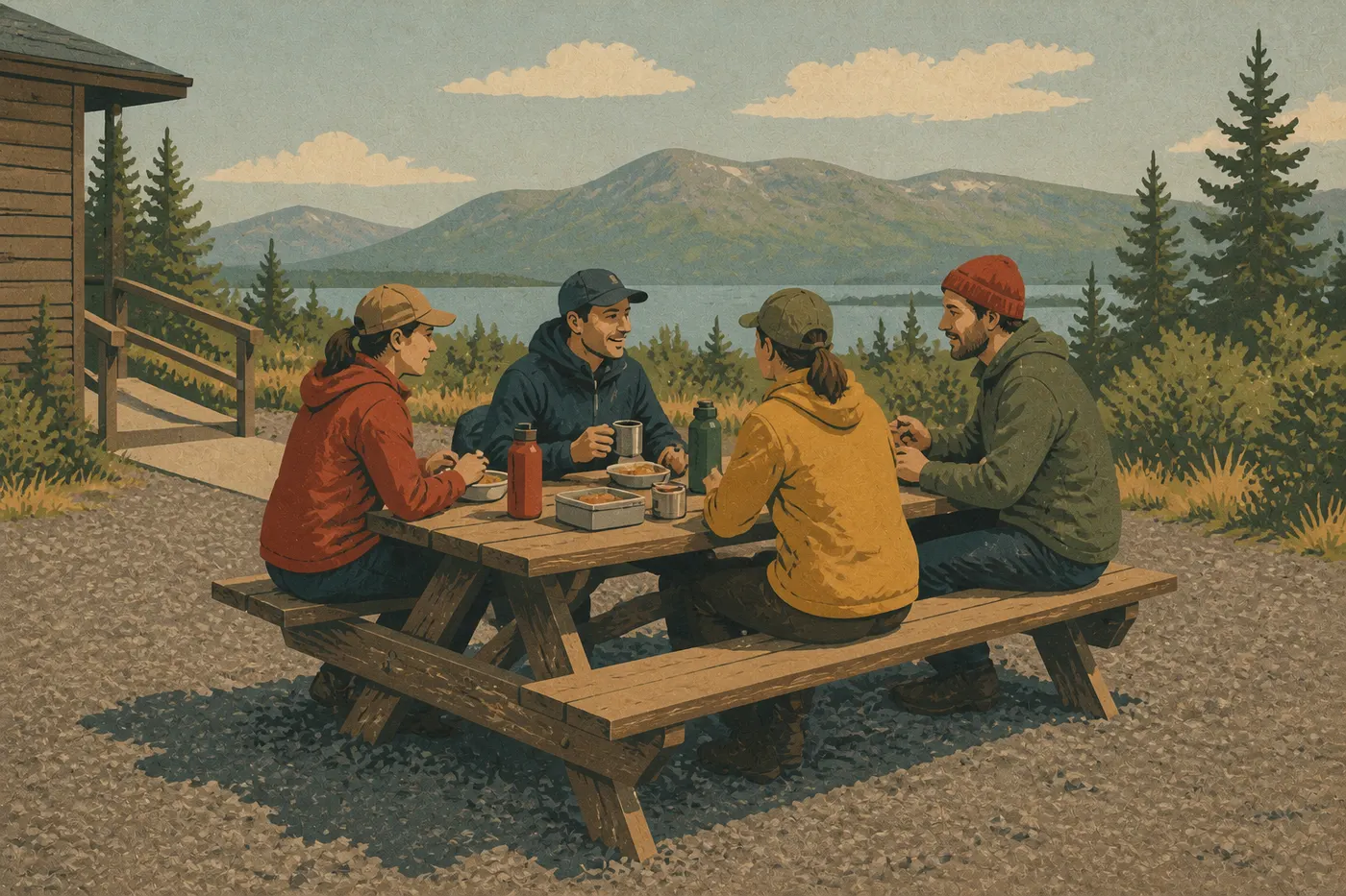 Illustration sérigraphiée : Des visiteurs déjeunent à la table de pique-nique du centre des visiteurs de Port Alsworth.