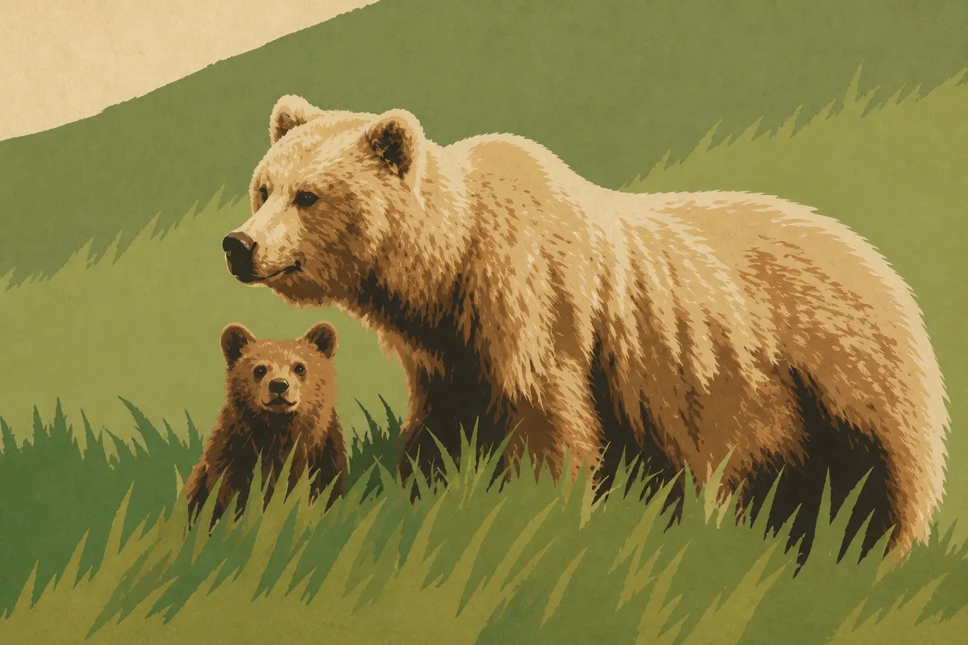 Illustration sérigraphiée : Un ours brun émerge dans les jeunes herbes de Silver Salmon Creek après la fonte printanière.
