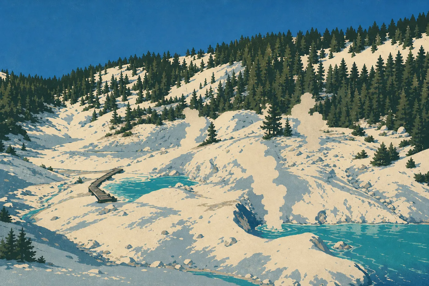 Illustration sérigraphiée : Le couloir central : Bumpass Hell, Lassen Peak et Summit Lake