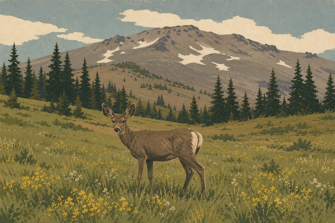 Illustration sérigraphiée : Le cerf mulet