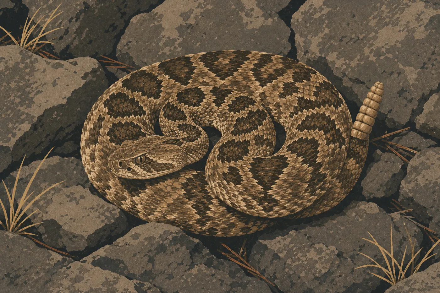 Illustration sérigraphiée : Reconnaître le crotale de l'Ouest parmi les serpents du parc