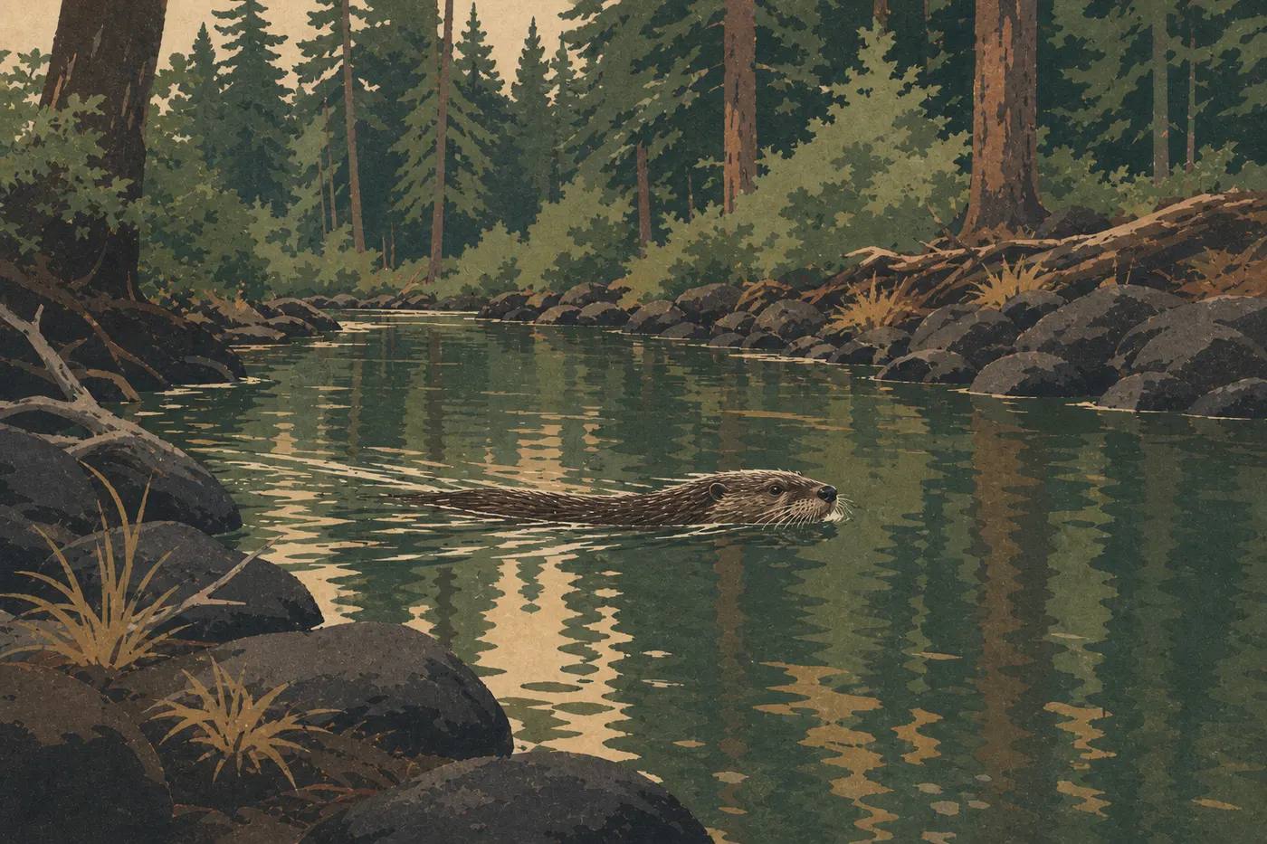 Illustration sérigraphiée : La loutre de rivière