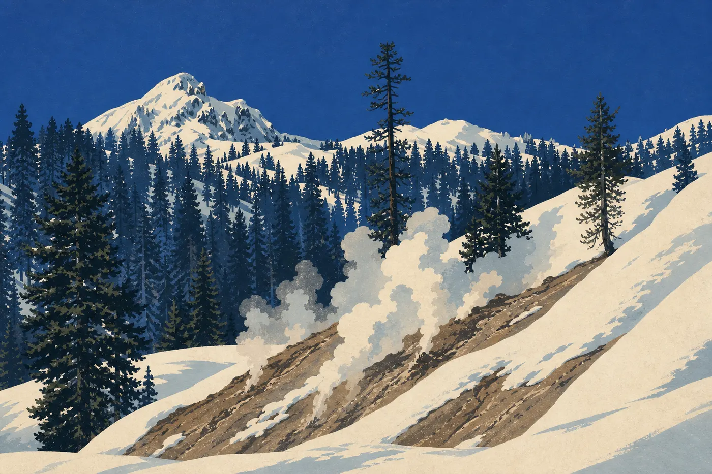 Illustration sérigraphiée : Entrée sud-ouest : Sulphur Works et Brokeoff Mountain
