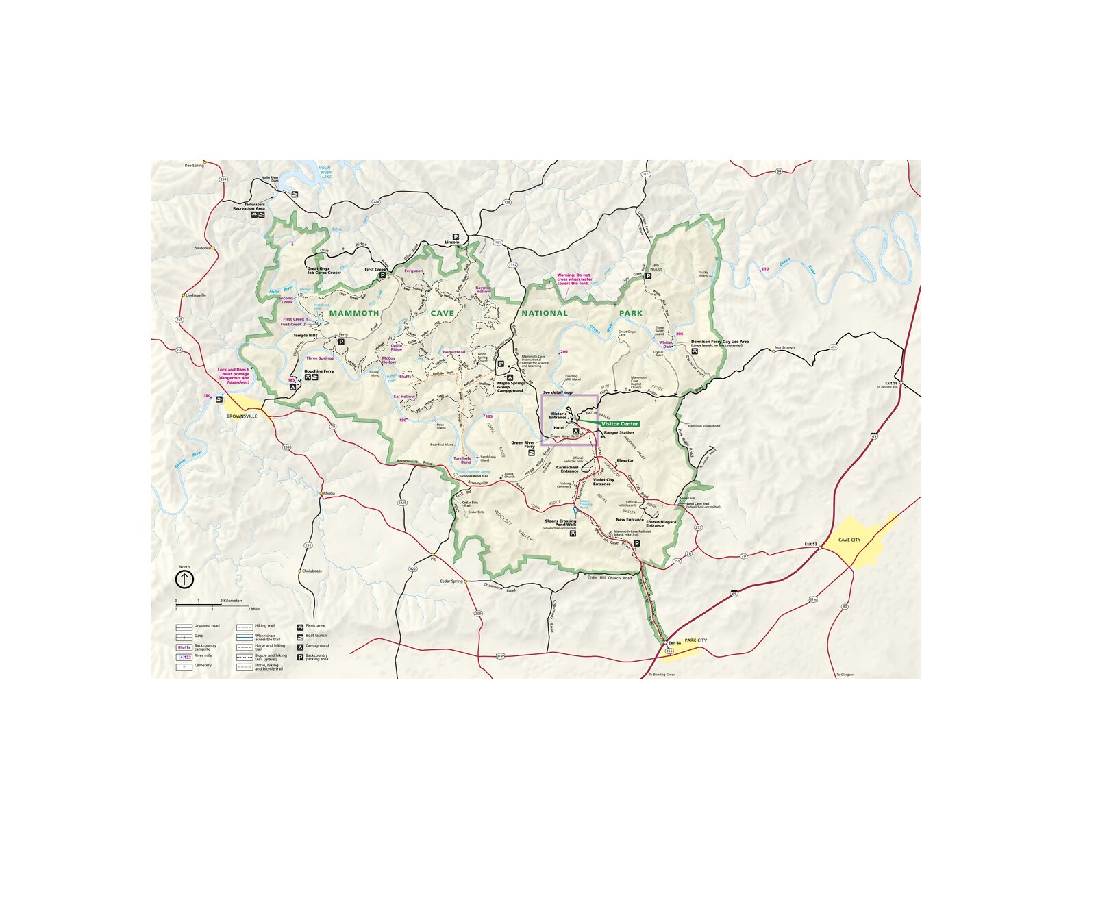 Carte officielle NPS du parc national Mammoth Cave (Unigrid)