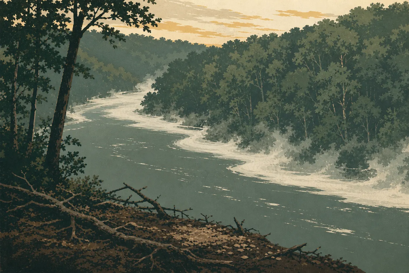 Illustration sérigraphiée : Une brume matinale flottant au-dessus de la Green River entre les collines boisées de Mammoth Cave.