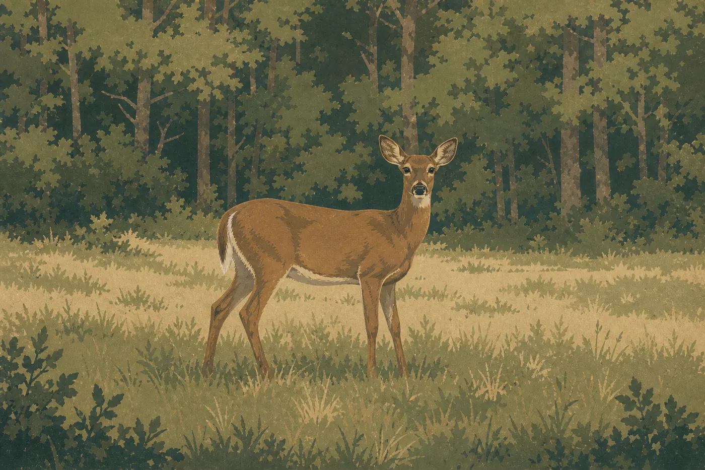 Illustration sérigraphiée : Un cerf de Virginie immobile dans une clairière bordée par la forêt de Mammoth Cave.