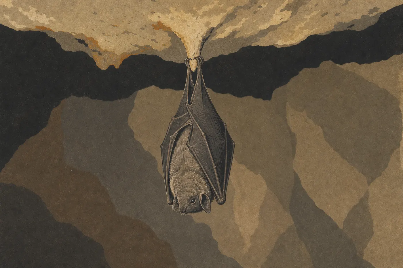 Illustration sérigraphiée : Une chauve-souris grise suspendue à la roche calcaire dans une cavité protégée de Mammoth Cave.