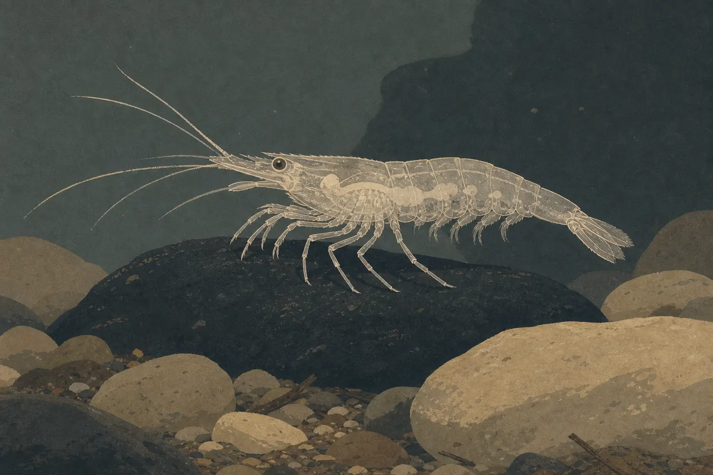 Illustration sérigraphiée : La minuscule crevette cavernicole du Kentucky nageant dans une eau souterraine limpide sur fond rocheux.