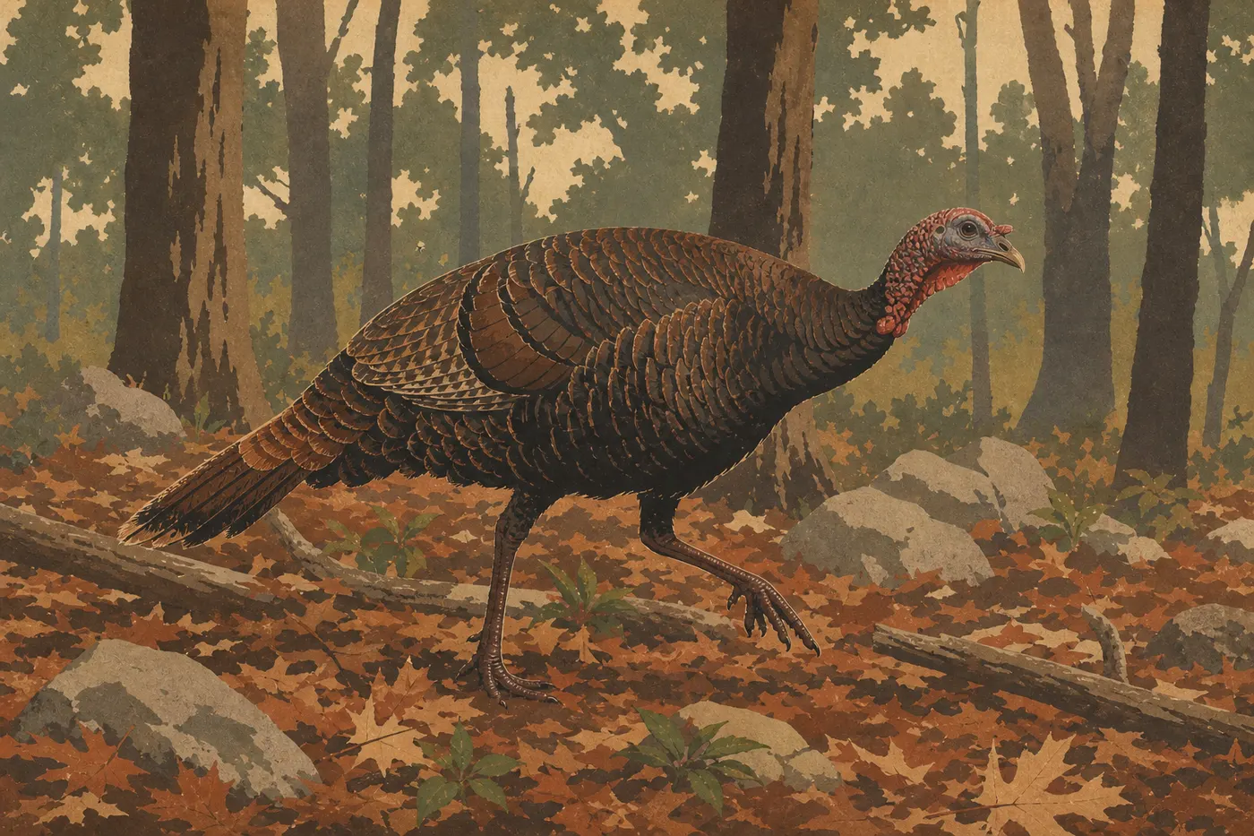 Illustration sérigraphiée : Un dindon sauvage marchant parmi les feuilles mortes dans le sous-bois de Mammoth Cave.