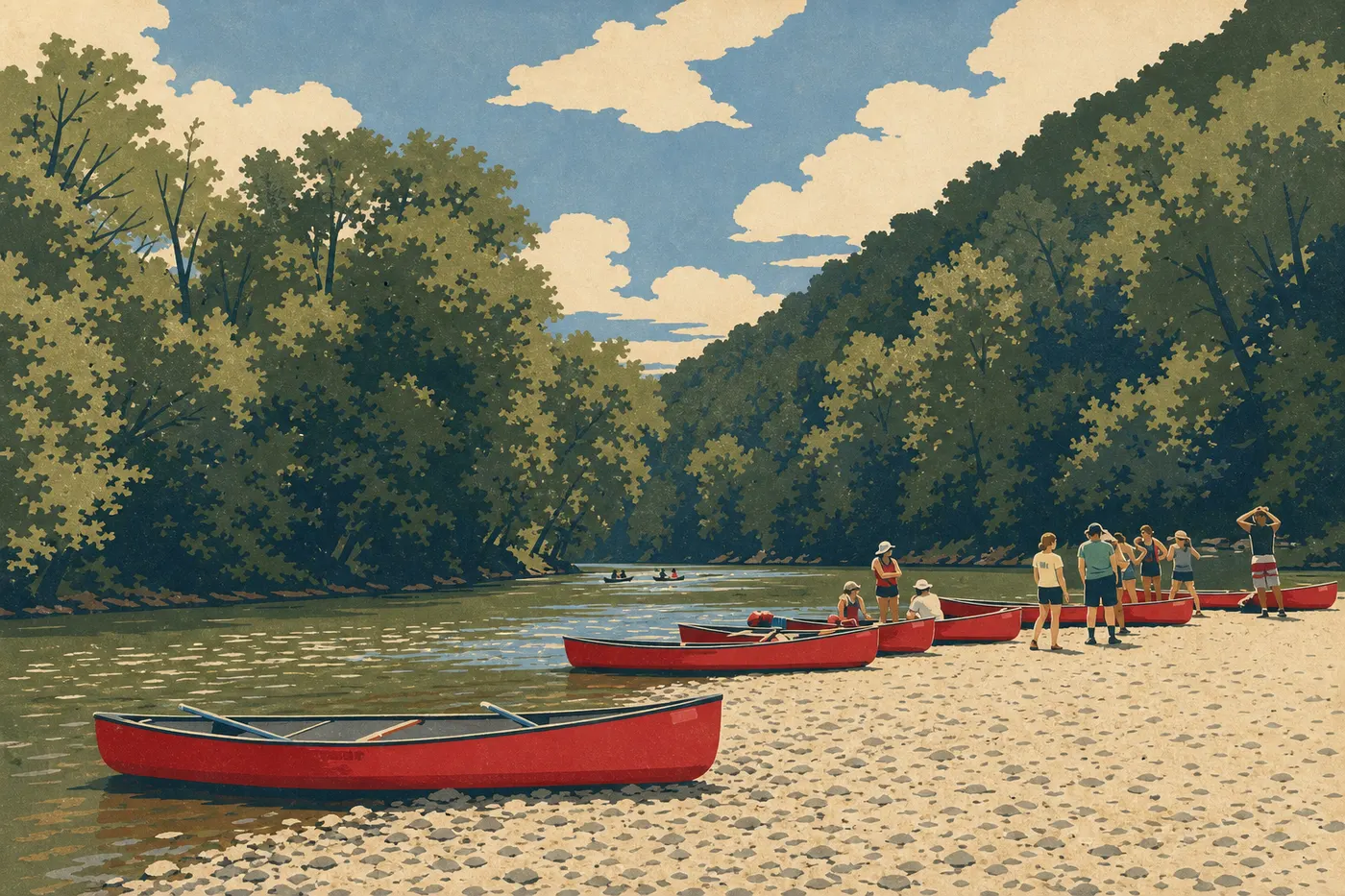 Illustration sérigraphiée : La Green River sous un feuillage estival dense, avec pagayeurs sur l’eau calme et ombragée.