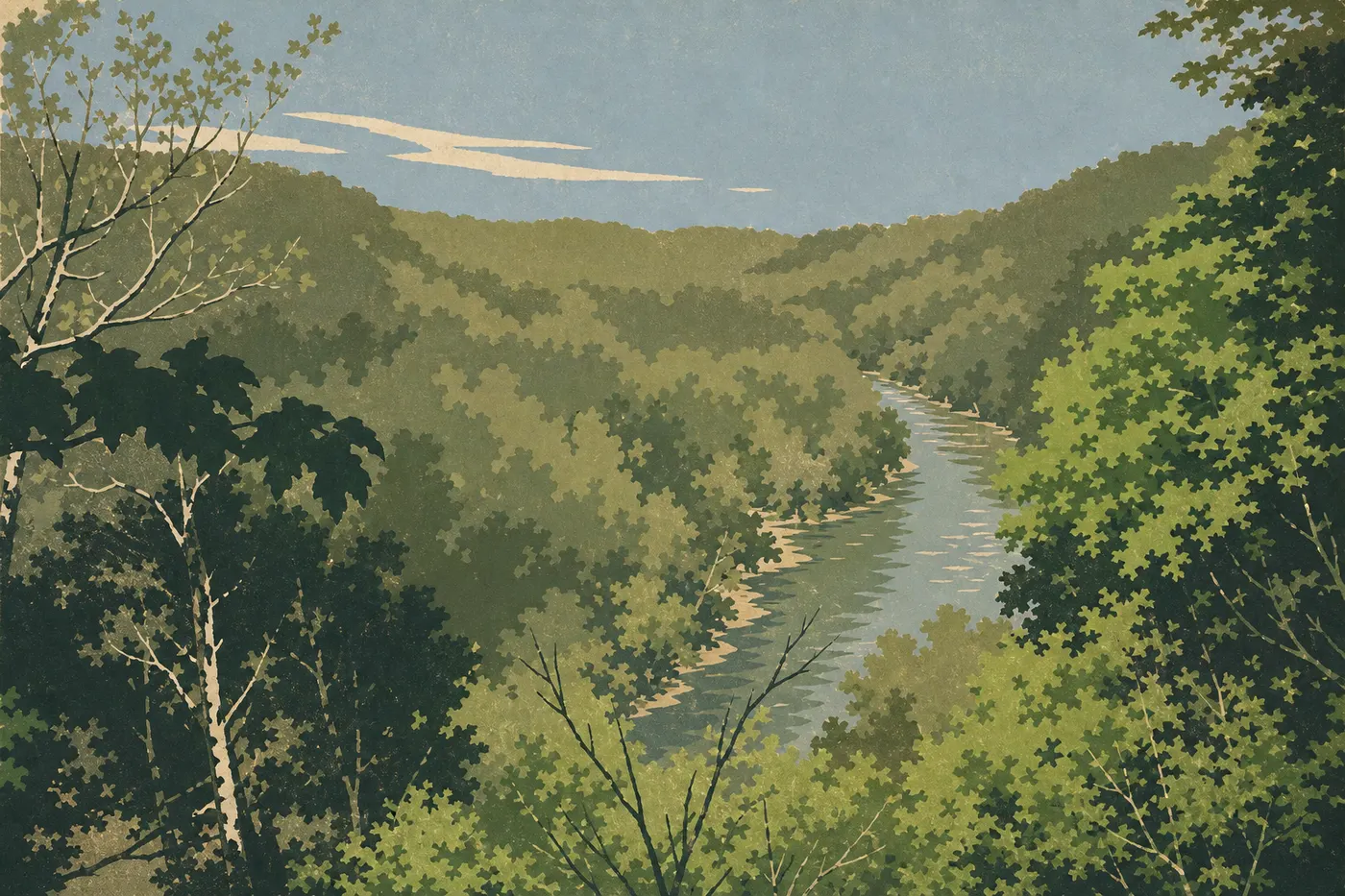 Illustration sérigraphiée : Le Green River Bluffs Trail dominant la rivière sinueuse à travers les feuillus du plateau karstique.