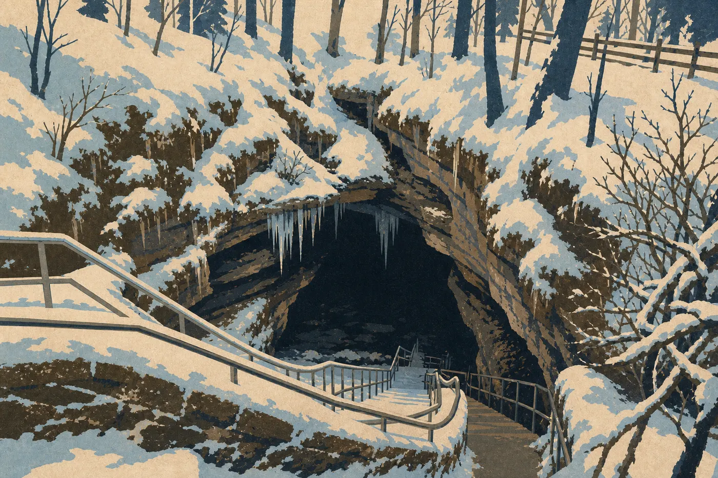 Illustration sérigraphiée : L’entrée historique de Mammoth Cave bordée de glaçons et de neige sous les arbres dépouillés.