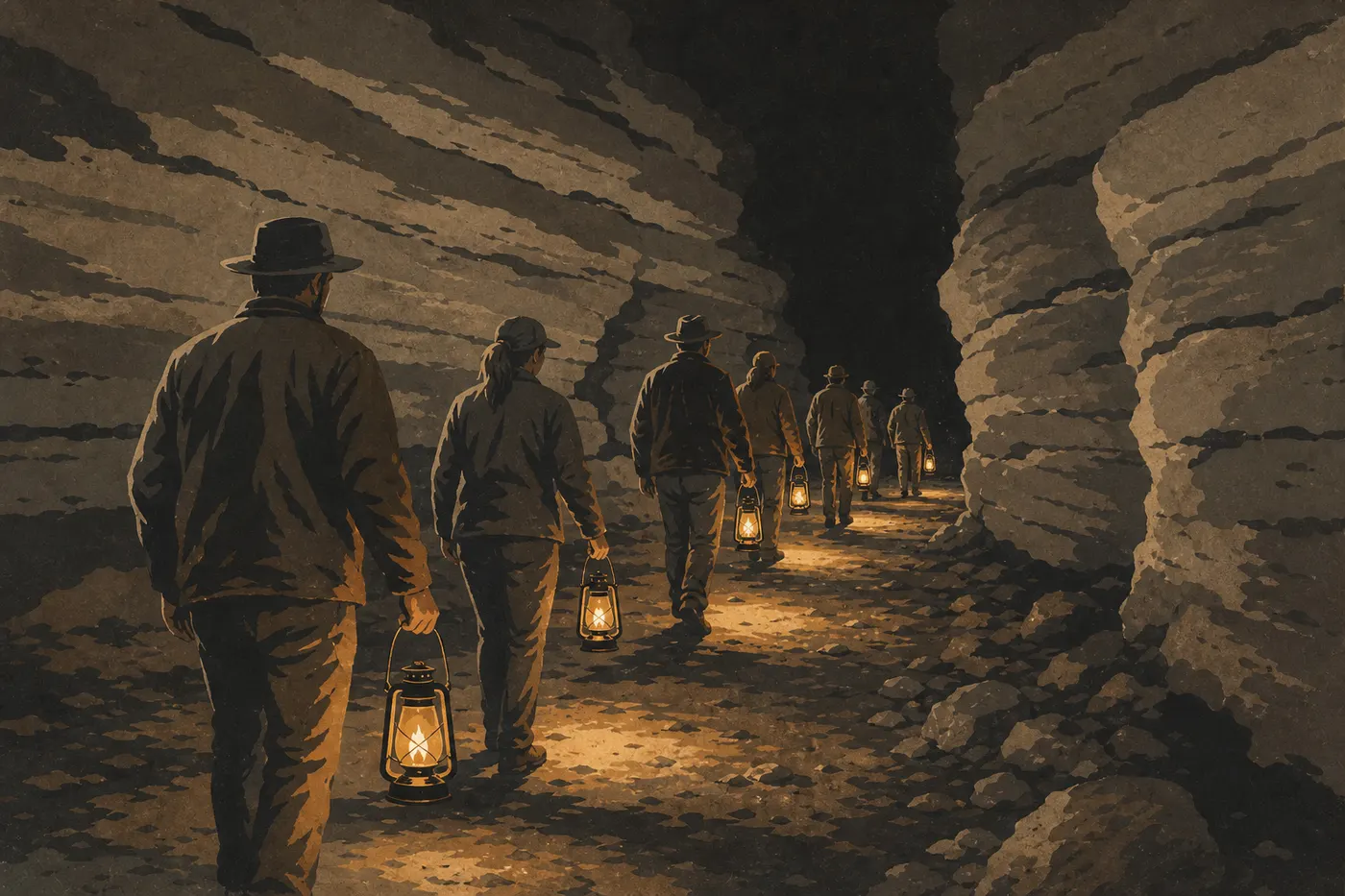 Illustration sérigraphiée : Des visiteurs avançant avec des lanternes sur le chemin historique de Violet City dans la grotte.