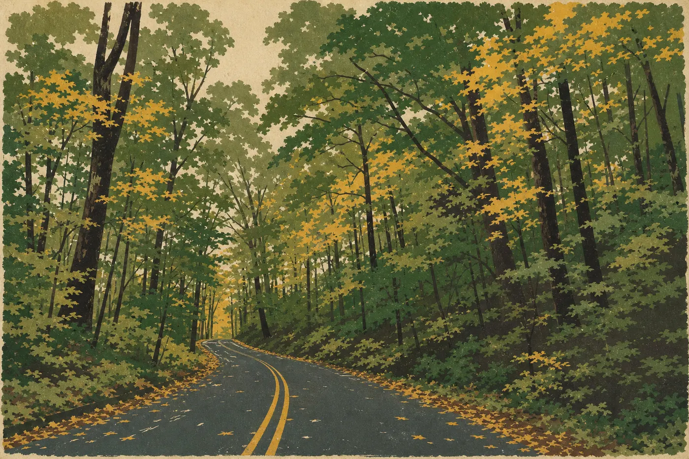 Illustration sérigraphiée : Mammoth Cave Parkway serpentant sous une voûte de feuillus jusqu’au secteur du Visitor Center.