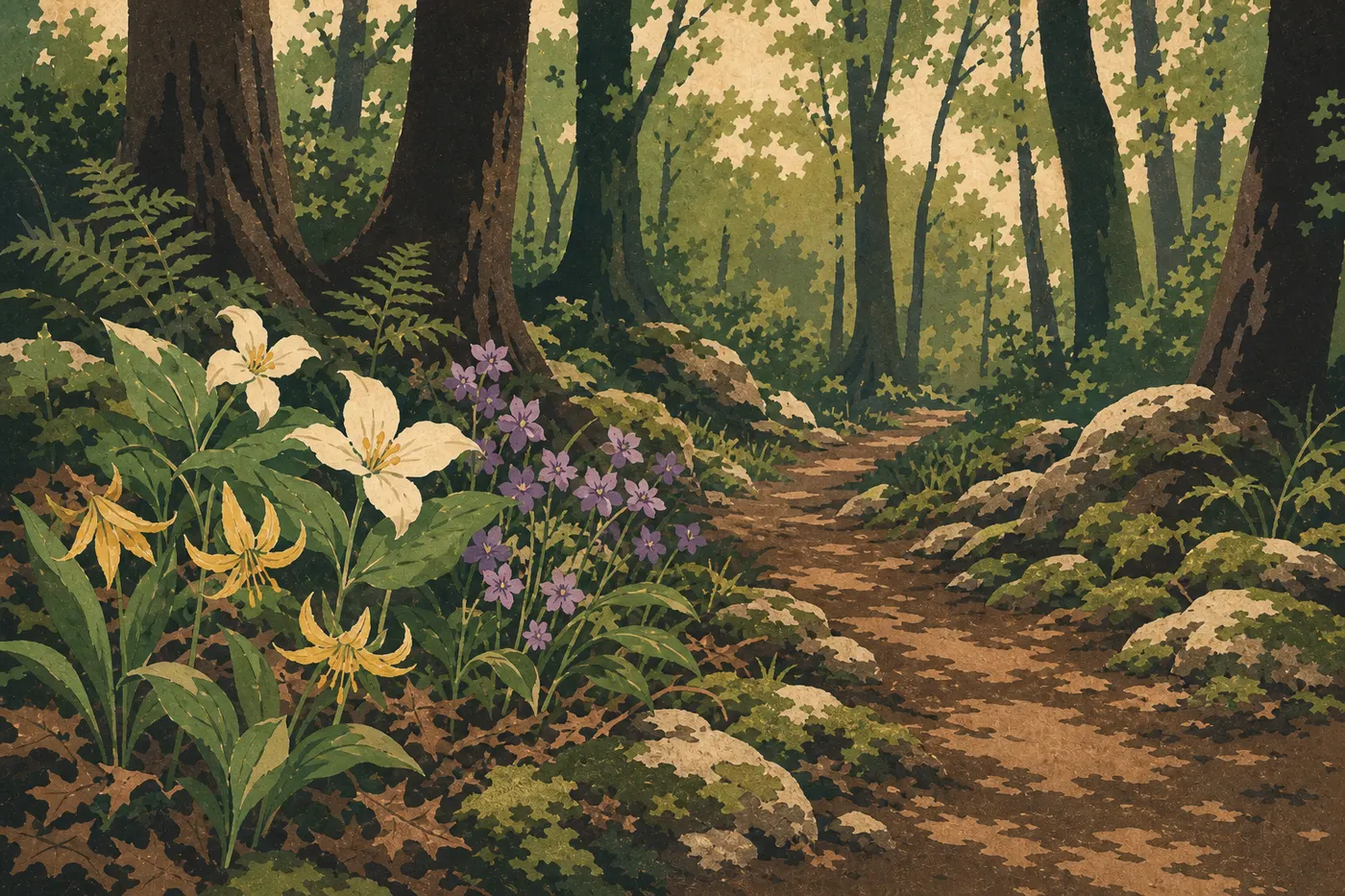 Illustration sérigraphiée : Des fleurs sauvages printanières bordant un sentier forestier verdoyant dans l’arrière-pays de Mammoth Cave.